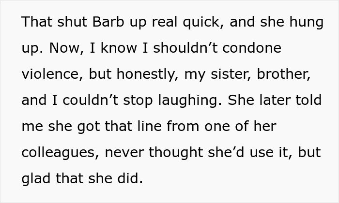 Text excerpt about a woman laughing after a conversation demanding trip payment despite not being invited to a wedding.