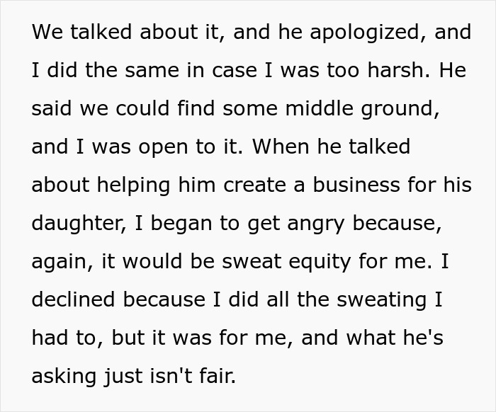 Text discussing relationship issues and the unfair expectation of creating a business for a boyfriend's daughter.