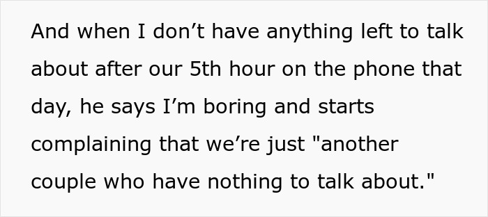 Text discussing a woman feeling smothered by her husband's lengthy phone calls. Text discussing a woman feeling smothered by her husband's lengthy phone calls.