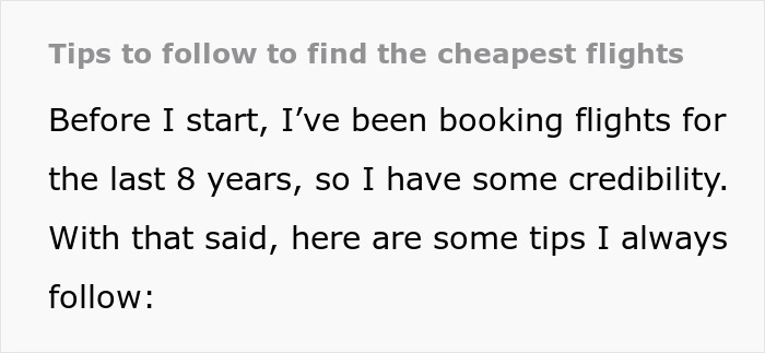 Text on tips for affordable flights by a booking expert, sharing insights on cheap flight strategies.