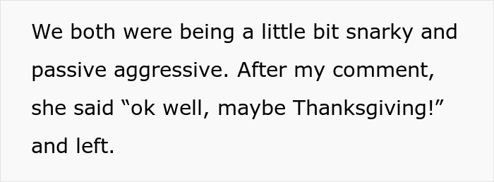 Text excerpt showing a snarky and passive aggressive exchange about changing tradition, related to sister conflict. Text excerpt showing a snarky and passive aggressive exchange about changing tradition, related to sister conflict.