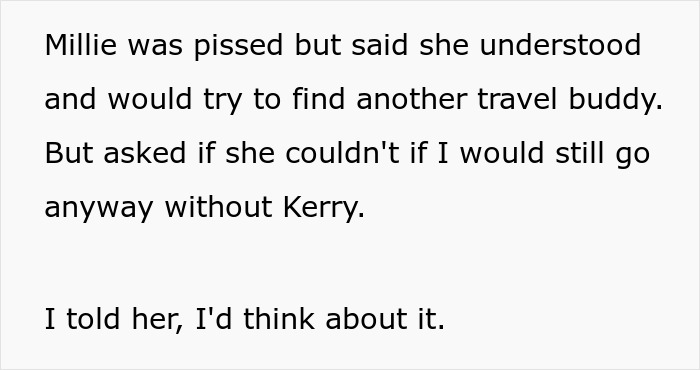 Text exchange discussing travel plans, cousin asked to pay for trip despite not being invited to wedding.