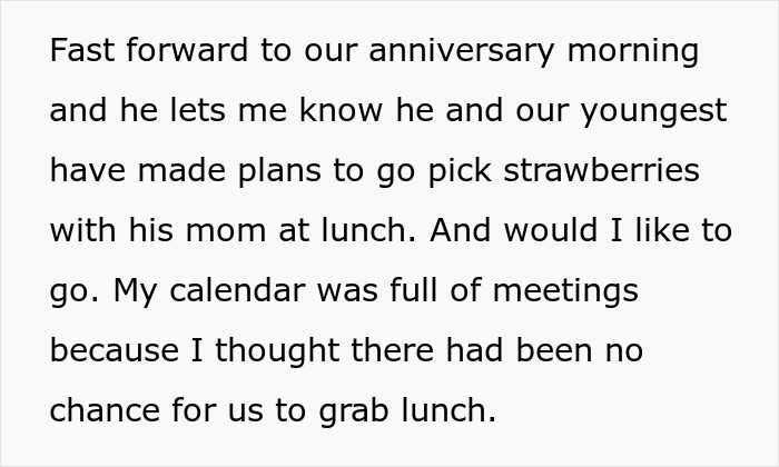 Text about a husband planning an anniversary date with his mom instead of his wife, causing tension.