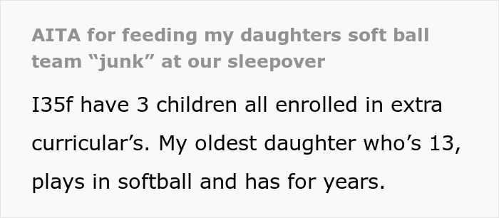Text criticizing a woman for serving pizza and snacks at her daughter's softball team sleepover. Text criticizing a woman for serving pizza and snacks at her daughter's softball team sleepover.
