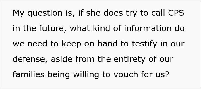 Text-based image discussing preparation against threats from a neglectful MIL calling CPS on parents. Text-based image discussing preparation against threats from a neglectful MIL calling CPS on parents.
