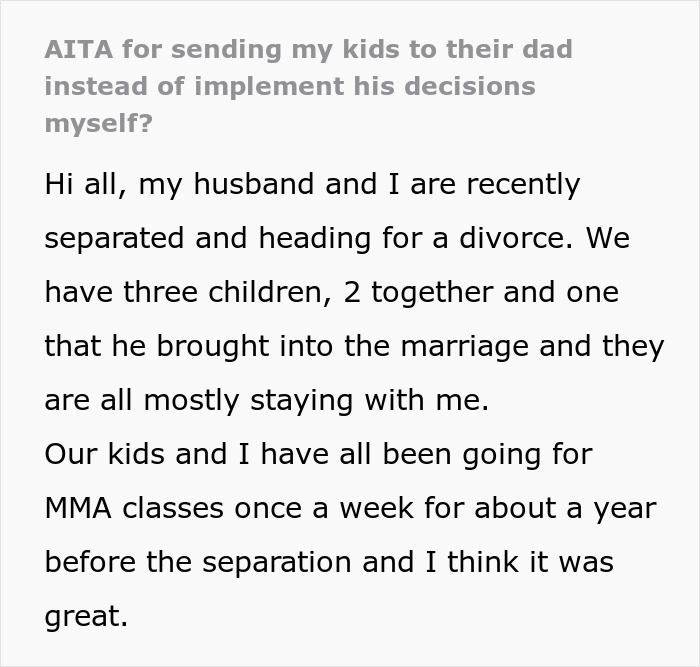 Text discussing a dad's view on kids' MMA classes shared by a mom amidst a family separation.