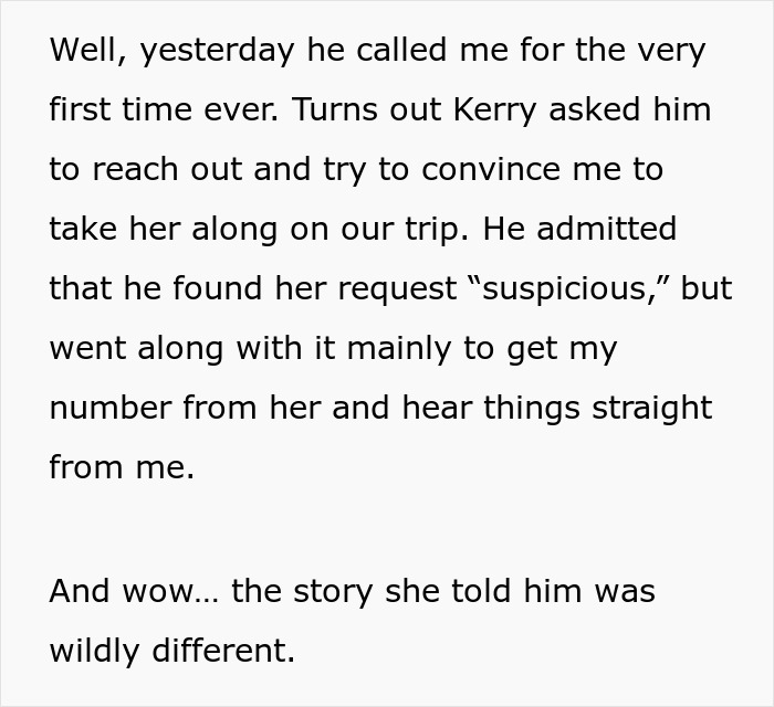 Text message reveals cousin's suspicious request about trip payment, different from her story.