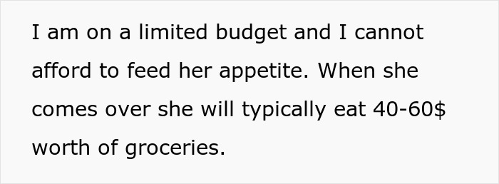 Text about a woman confronting a friend who eats $60 of groceries due to her budget constraints.