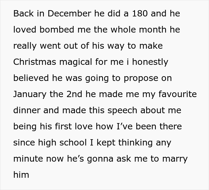 Text about a woman being love-bombed by her ex during the holidays, expecting a proposal.