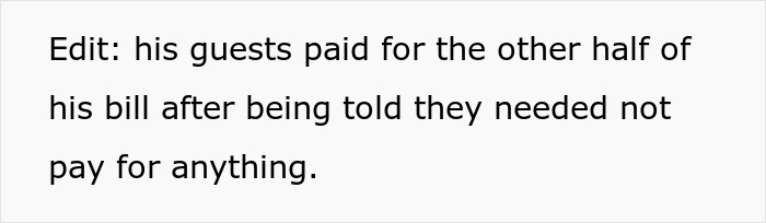 Text about guests paying half of a bill after being told it was covered.