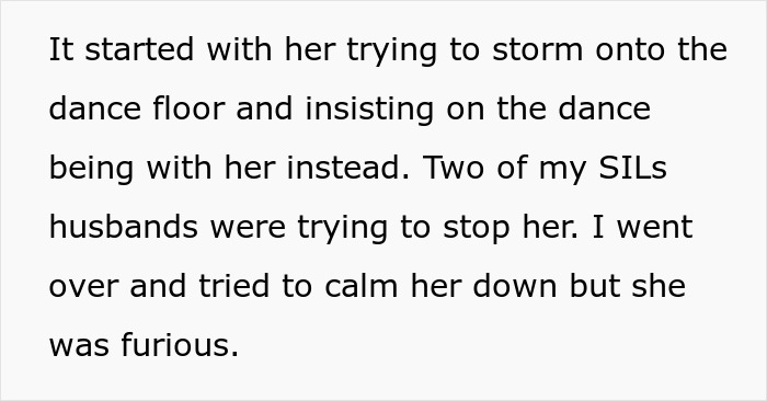 Alt text: A tense wedding scene showing a woman upset and trying to storm onto the dance floor, causing family conflict.