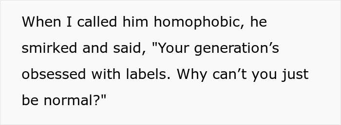 Text response about generational labels and homophobia in a family discussion.