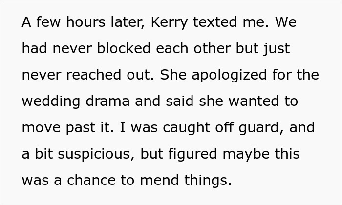 Text exchange about wedding drama and reconciliation attempt between cousins.