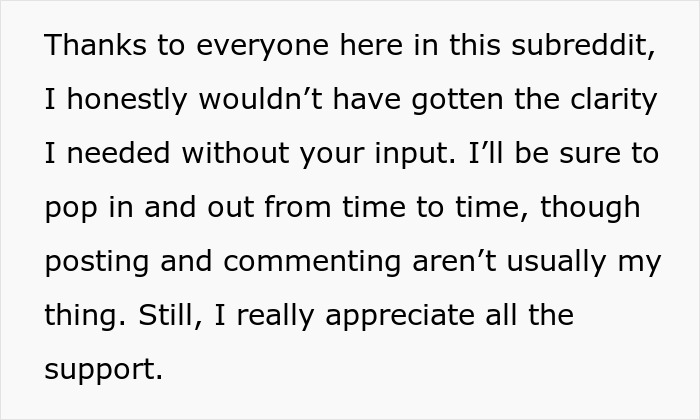 Text expressing gratitude for subreddit support in gaining clarity.