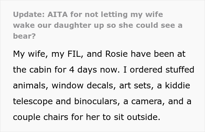 Girl with leukemia watching for bears at night, dad sees two bears but lets her sleep by the cabin window. Girl with leukemia watching for bears at night, dad sees two bears but lets her sleep by the cabin window.