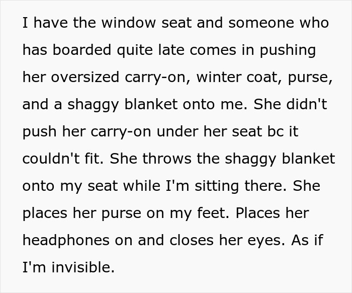 A rude plane passenger piles belongings on a woman's seat, ignoring her presence.