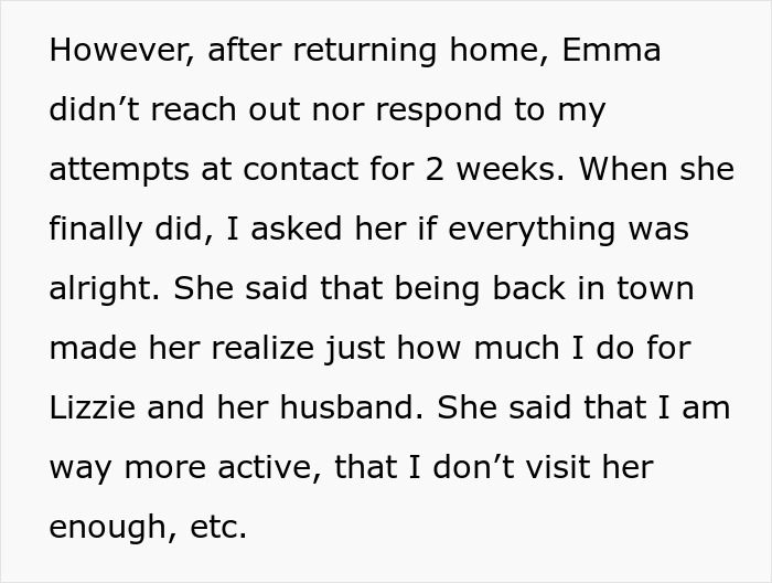 Text image discussing a mom's feelings about support differences between her daughters.