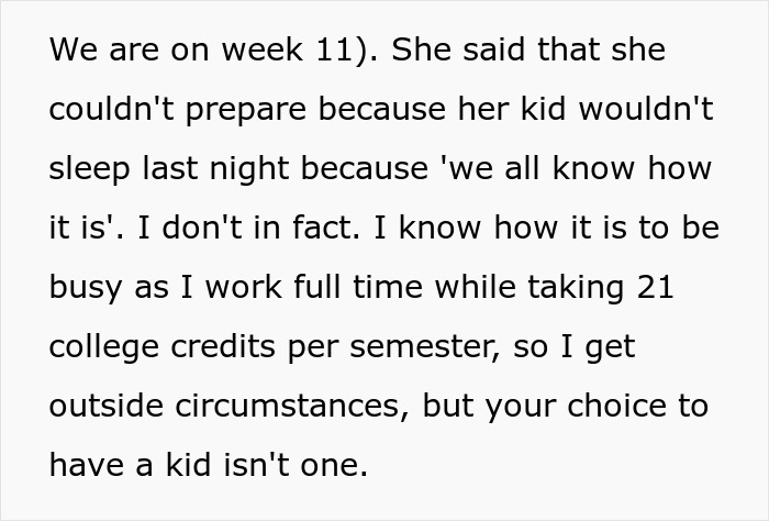Text about a mom in college discussing parenting challenges in week 11, mentioning a restless child affecting preparation.