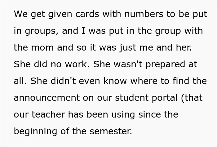 Text about mom attending college with her child, group project issues.