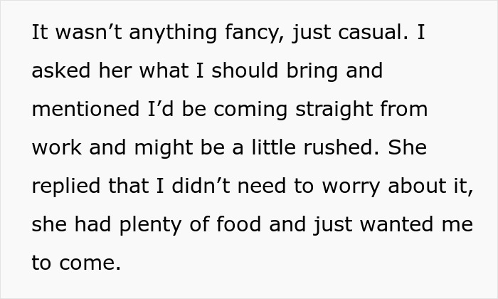 Text conversation about a casual potluck, highlighting an invitation not to bring anything.