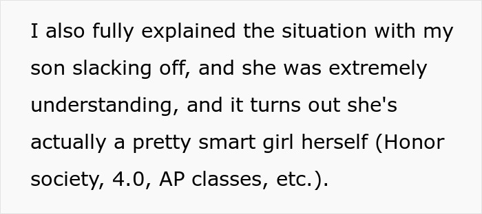 Text statement about a son&rsquo;s grades slipping, dad explains the situation to son's girlfriend, who is academically accomplished.