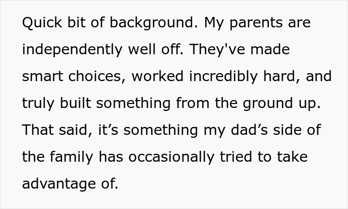 Text discussing a family's financial background, highlighting wealth and family dynamics.