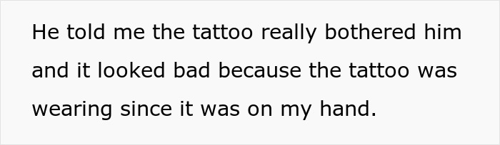 Text discussing a man's feelings about his future wife's tattoo from her previous marriage.