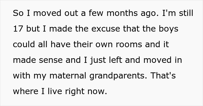 Text excerpt about a 17-year-old moving out, related to a stepmom's affair and resulting karma.