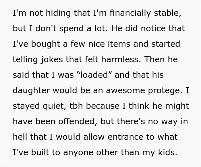Woman declines making boyfriend's daughter her heiress, prompting breakup over financial independence.