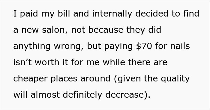 Text about deciding to find a new nail salon due to high prices.