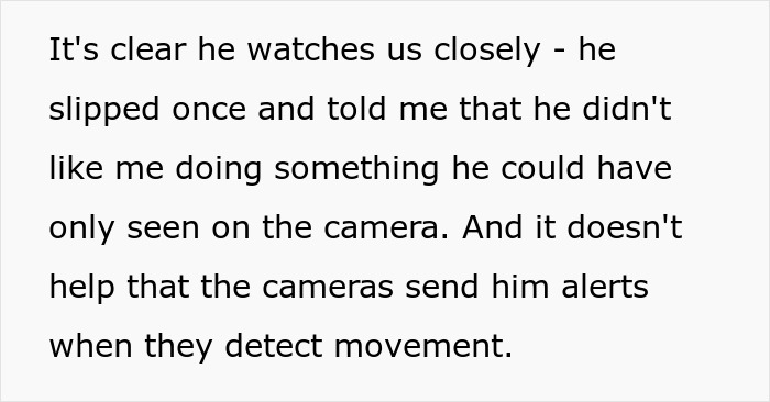 Text discusses elderly father watching closely via vacation house security cameras.