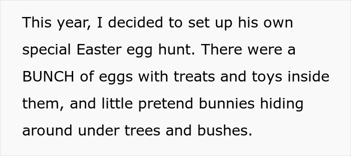 Text describing an Easter egg hunt setup with eggs filled with treats and toys, including pretend bunnies under trees and bushes.