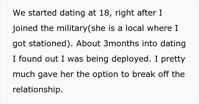 Text expressing the discovery of a significant lie in a marriage reason during military deployment.