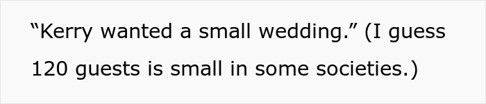 Text about a cousin commenting on a wedding size and guests.