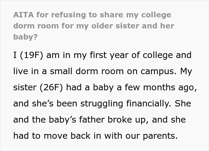 Text detailing a college student's dilemma over sharing dorm with sister and baby due to financial struggles.