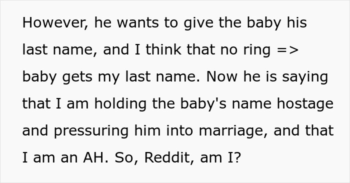 Text message discussing last name for baby and pressure for marriage; mentions marriage as a scam for men.