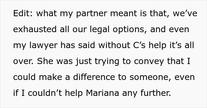 Text message discussing legal options and the need for help, related to a friend babysitting missing woman's daughter.