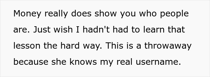 Text post about a lesson on money revealing true character, related to relationship breakup.