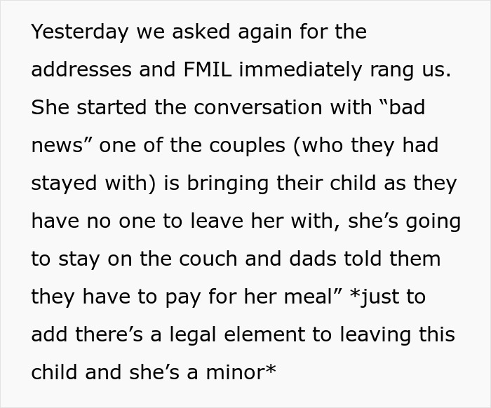 Text from future father-in-law discussing unexpected wedding guest's child.