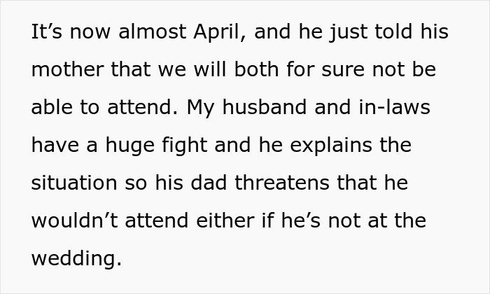 Text from a post about a mom-to-be's demand for her husband to skip a wedding due to timing near her due date.