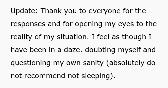 Text update about a girlfriend deprived of proper sleep by boyfriend for weeks, feeling doubtful and questioning sanity. Text update about a girlfriend deprived of proper sleep by boyfriend for weeks, feeling doubtful and questioning sanity.