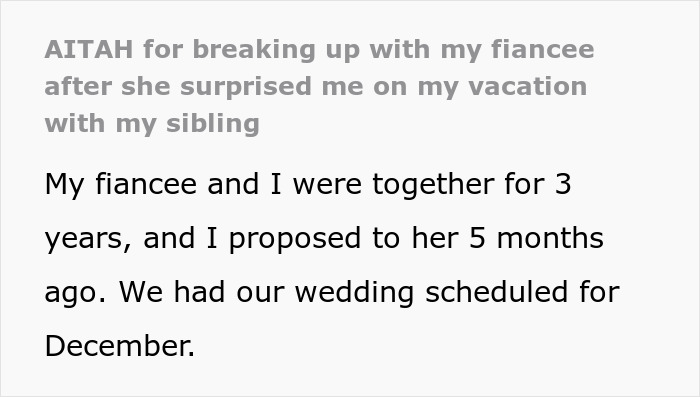 Text on a breakup after a woman crashes fianc&eacute;'s family vacation, noting a planned December wedding.