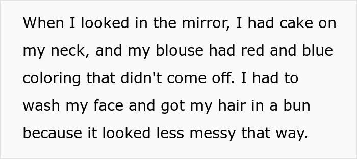 Text describes a messy cake incident involving a stained blouse and hair tied up.