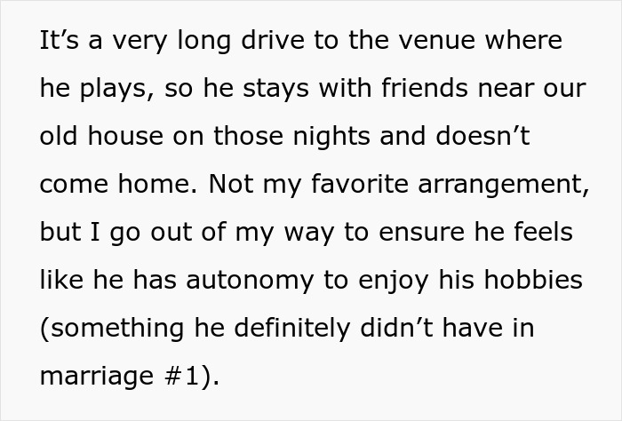 Text discussing husband's stay with friends due to long venue drive, balancing autonomy and family presence. Text discussing husband's stay with friends due to long venue drive, balancing autonomy and family presence.