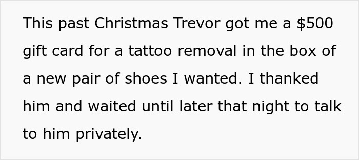 Text about a man upset over future wife's tattoo from her late husband, discussing tattoo removal gift card at Christmas.