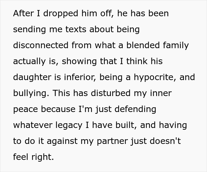 Text conversation about blended family issues and defending legacy, related to woman dumping boyfriend over heiress issue.