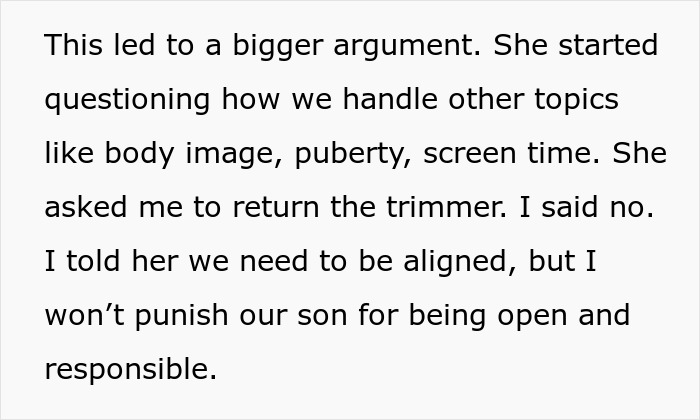 Alt text: Father and son having a serious conversation about grooming and responsibility during a tense moment.