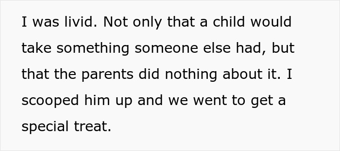 Text about a child's actions causing anger, with parents not intervening; includes a loving gesture for a special treat.