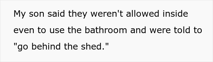 Text about kids being outside without bathroom access, told to "go behind the shed," highlighting lack of hydration and facilities.