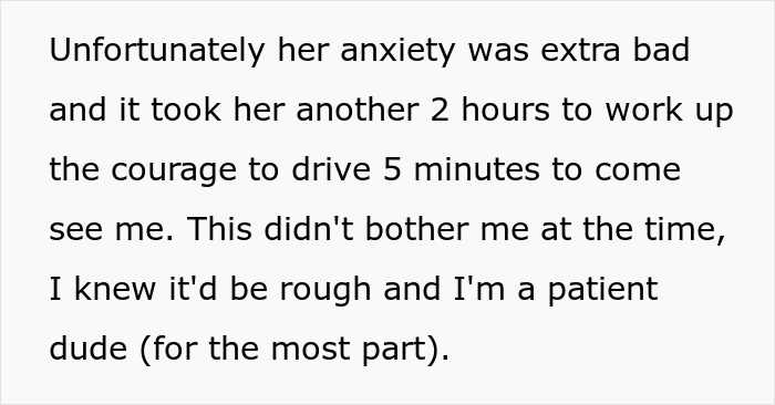 Text about a guy visiting his long-distance girlfriend, expressing patience with her anxiety issues.